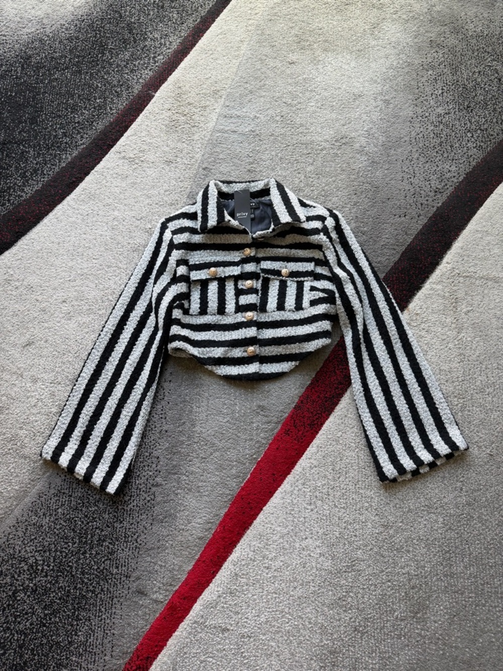 Privy Wool Blend Black Gray Stripe Boucle Cropped Blazer